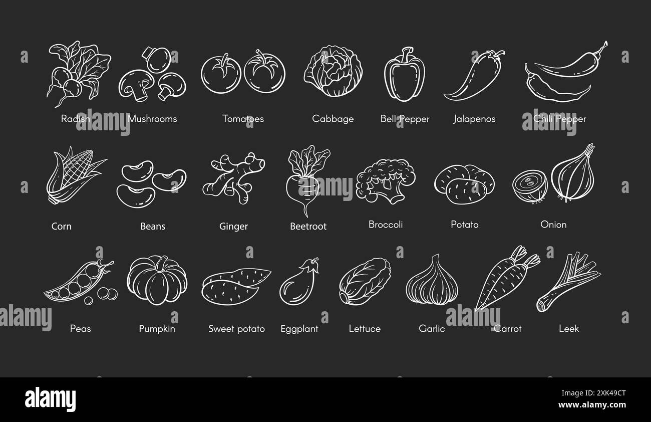 Hand gezeichnete Gemüse Set Vektor Illustration. Weiße Linie mit Kritzelgemüse, Auberginen und Knoblauch, Mais und Pilz-Kritzelsymbol mit Etikett auf W Stock Vektor