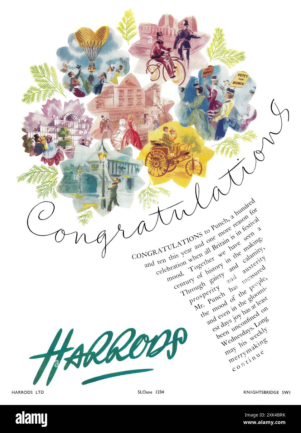 1951 britische Werbung für das Kaufhaus Harrods, das 110 Jahre Punch feiert. Stockfoto