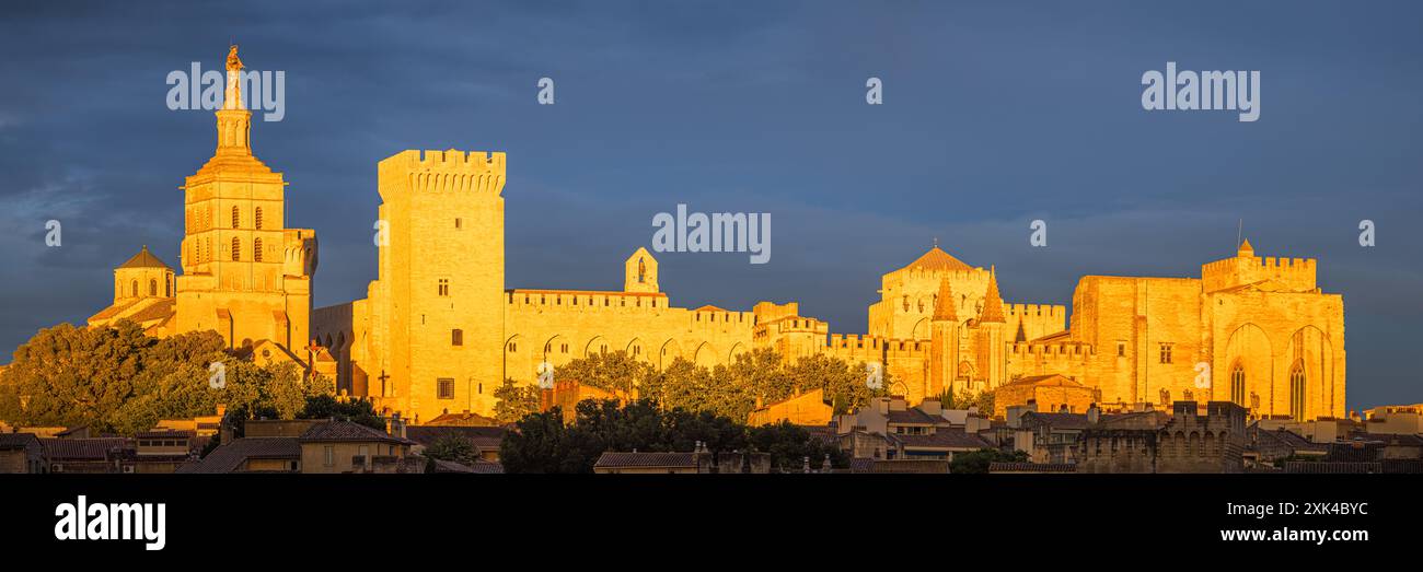 Ein breites 3:1 Panoramabild eines Sommerabends mit dem letzten Licht des Tages strahlt auf die Kathedrale von Avignon (Cathédrale Notre-Dame des Doms d'Avignon), Stockfoto