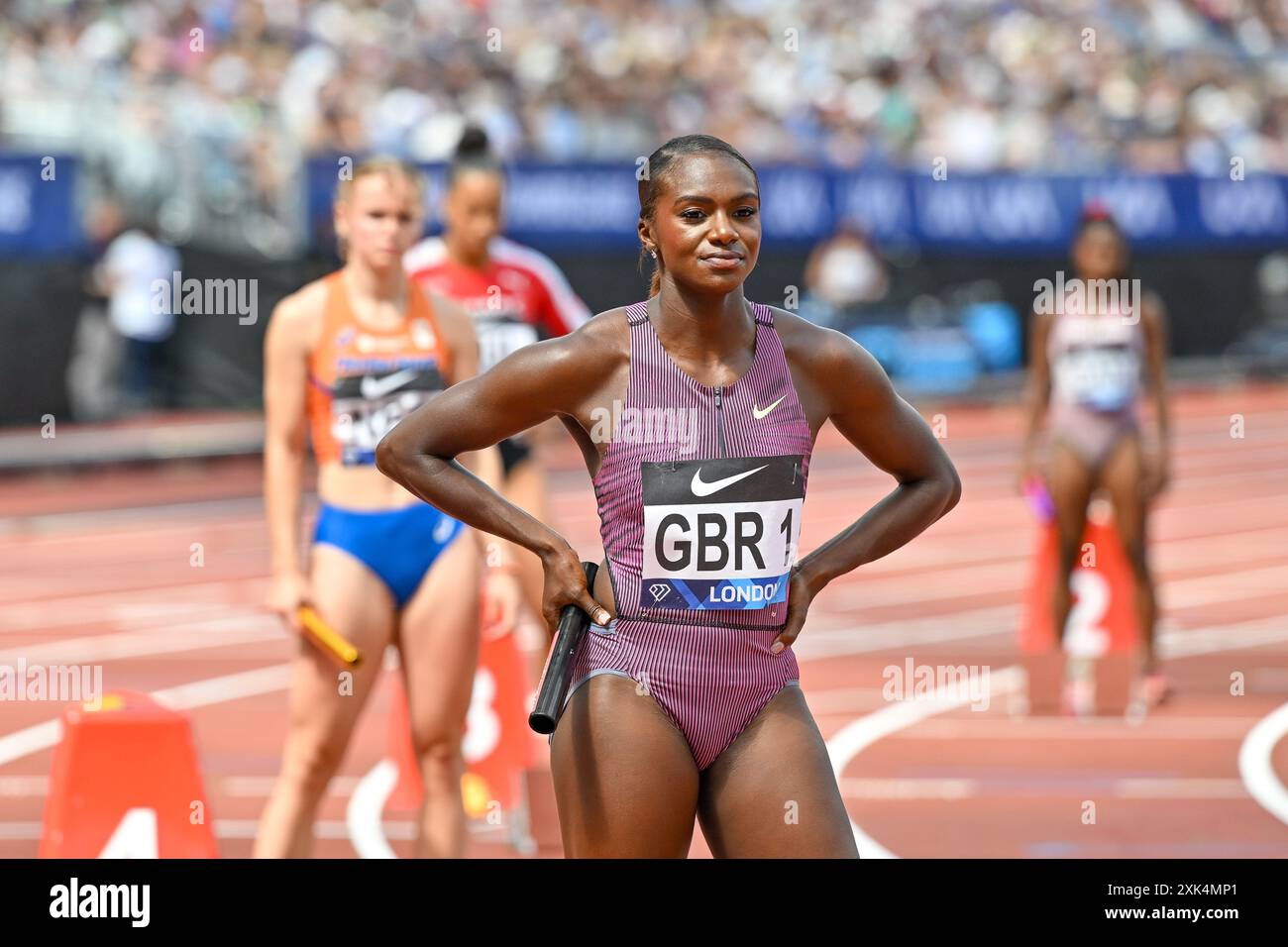 London, Großbritannien. Juli 2024. Dina ASHER-SMITH zu Beginn der 4x100 m Relay Women während der Wanda Diamond League London Athletics Meeting im London Stadium, Queen Elizabeth Park, London, Großbritannien. Quelle: LFP/Alamy Live News Stockfoto