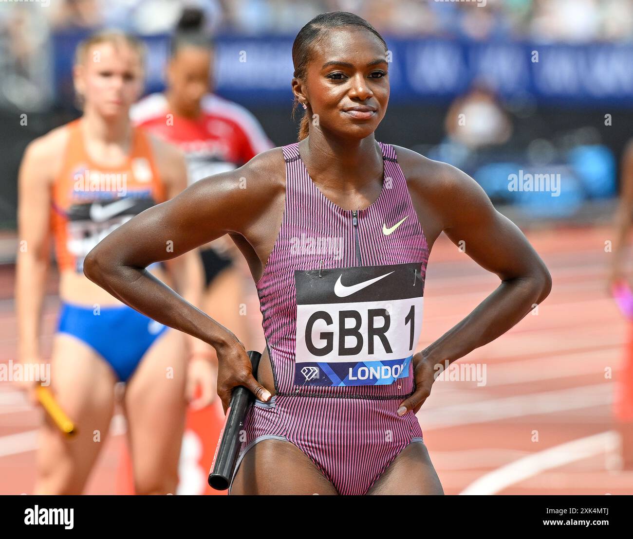London, Großbritannien. Juli 2024. Dina ASHER-SMITH zu Beginn der 4x100 m Relay Women während der Wanda Diamond League London Athletics Meeting im London Stadium, Queen Elizabeth Park, London, Großbritannien. Quelle: LFP/Alamy Live News Stockfoto