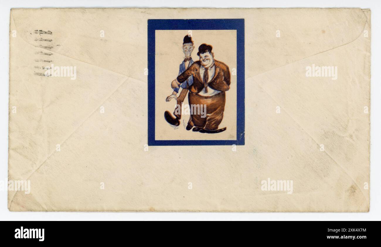 Rückseite von STAN LAUREL Umschlag mit LAUREL UND HARDY Stempel / Aufkleber angebracht - frankiert 19. Juni 1953 von seiner Adresse 1111 Franklin Street, Santa Monica, Kalifornien, USA an einen Fan / Freund in England gesendet Stockfoto