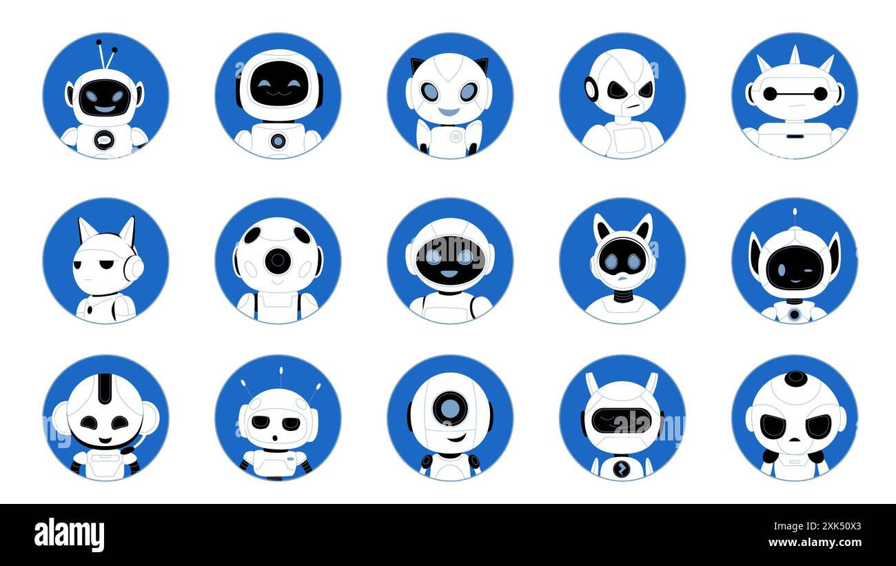 Niedliche Roboter-Avatare-Set. Verschiedene Chatbot Köpfe im Kreis auf blauem Hintergrund, lächelnde Androiden Charaktere mit Antennen und freundlichen Gesichtern, intelligente Assistenten Sammlung Cartoon Vektor Illustration Stock Vektor
