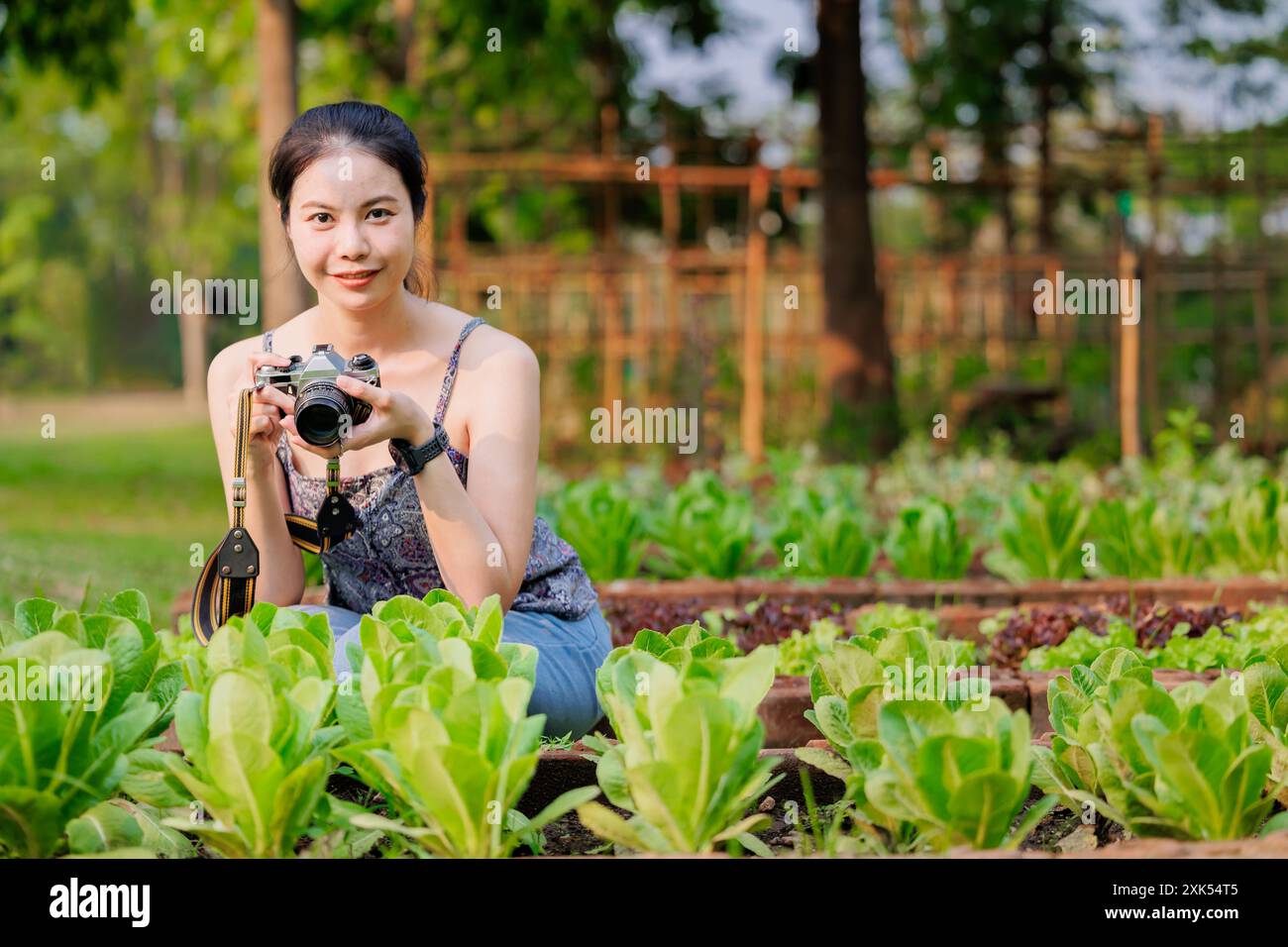 Glückliche asiatische Frauen mit Kamera in Gemüsegarten Landwirtschaft Pflanzenfarm, umweltfreundliche Landwirtschaft Reisekonzept. Stockfoto