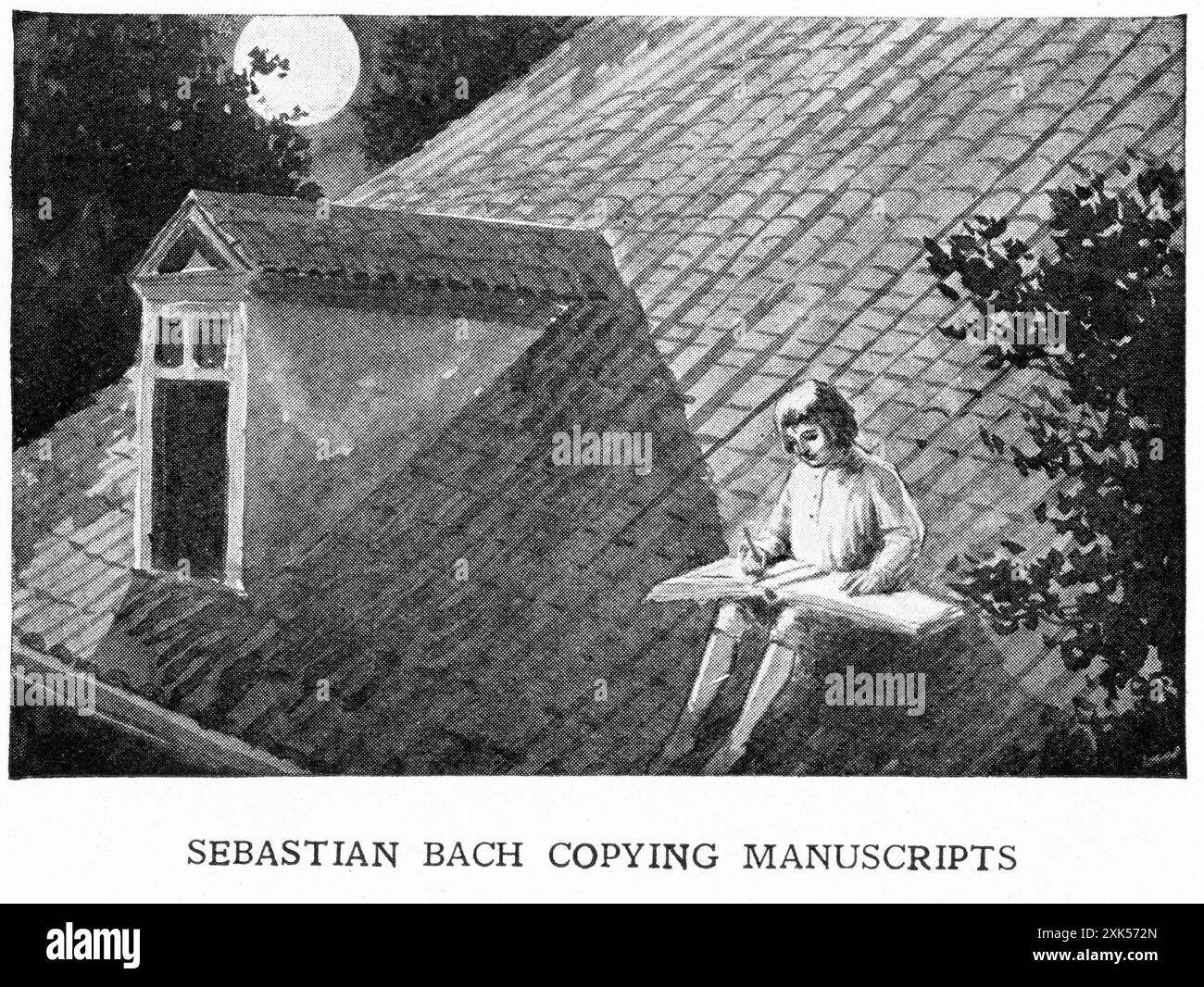 Kupferstich des Komponisten Johann Sebastian Bach als Jugendlicher, der bei Mondlicht Musikhandschriften auf dem Dach seines Hauses abdruckt. Stockfoto
