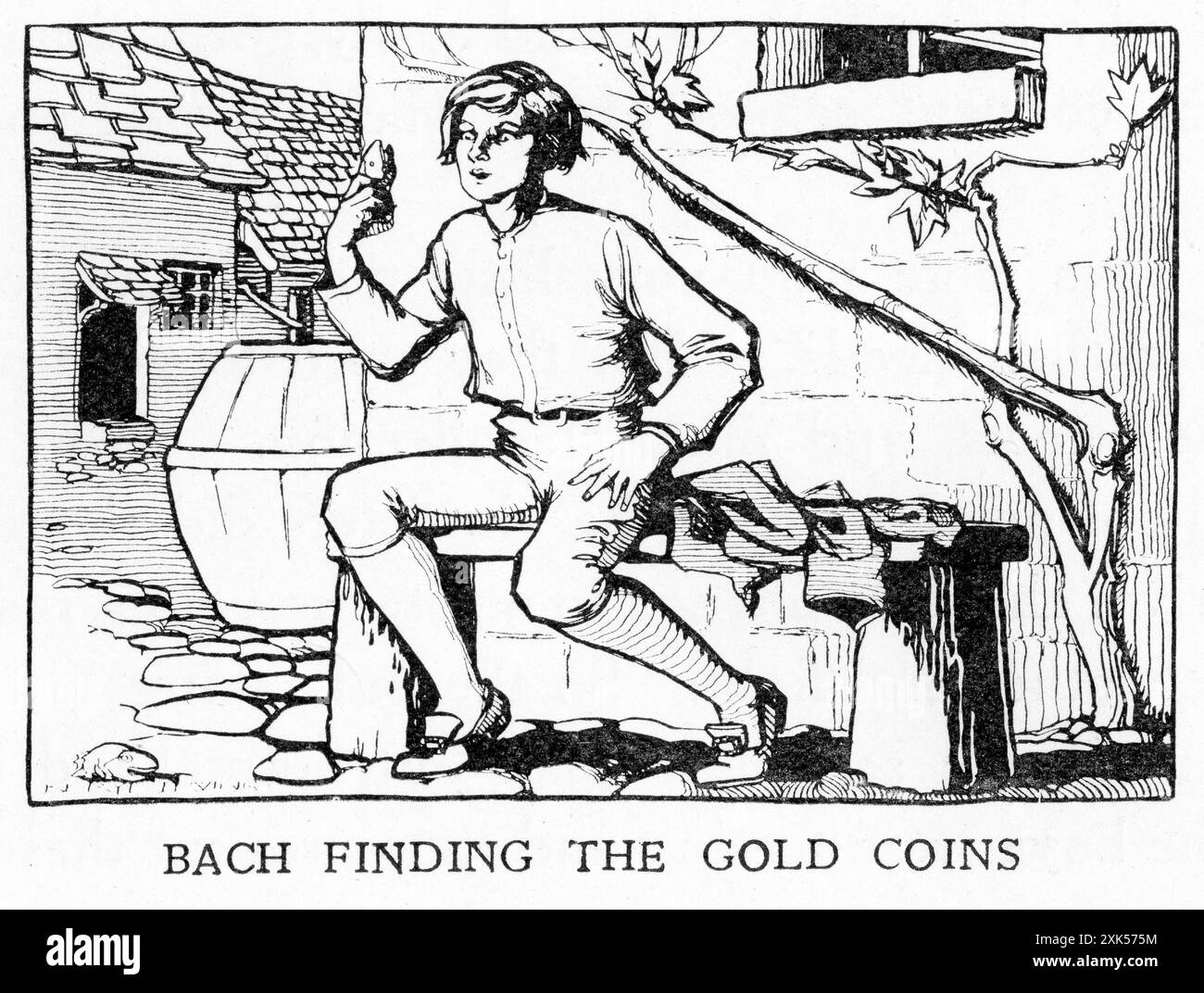 Gravur der Thomaskirche, in der der Komponist Johann Sebastian Bach als Jugendlicher die Goldmünzen findet Stockfoto