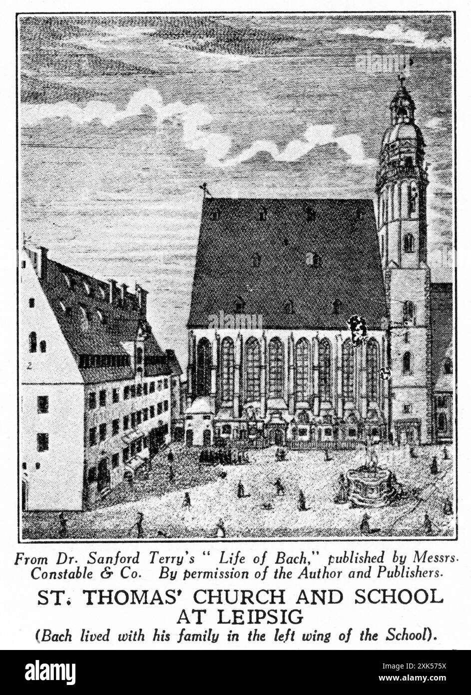 Kupferstich der Thomaskirche, in der Johann Sebastian Bach von 1723 bis zu seinem Tod 1750 als Kapellmeister arbeitete. Bach wurde auch in dieser Kirche begraben. Stockfoto