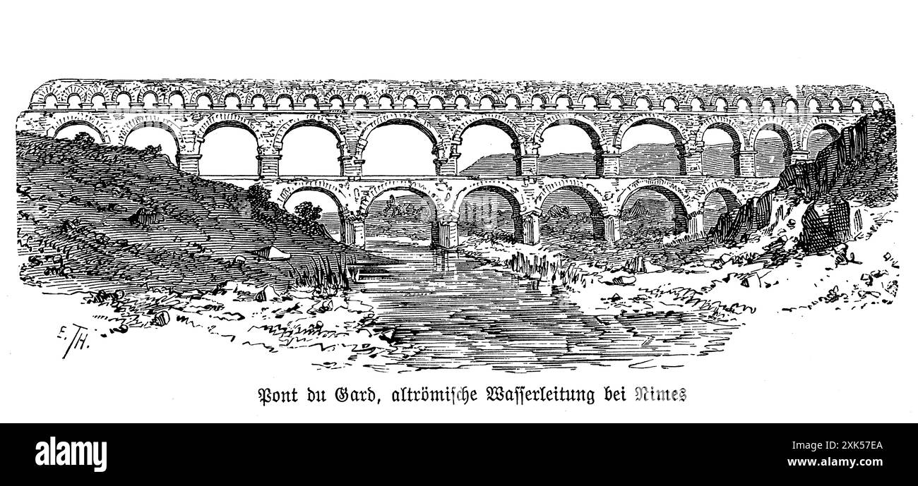 Der Pont du Gard ist ein bemerkenswertes römisches Aquädukt in Nîmes, Frankreich. Dieses architektonische Wunder, das im 1. Jahrhundert n. Chr. erbaut wurde, erstreckt sich über den Gardon River und ist ein Zeugnis der Ingenieurskunst der Römer. Das aus drei Bögen bestehende Aquädukt transportierte einst über 50 Kilometer Wasser in die römische Kolonie Nemausus (heute Nîmes). Sein großer Maßstab und seine dauerhafte Struktur spiegeln die fortschrittlichen Techniken und ästhetischen Empfindlichkeiten römischer Architekten und Ingenieure wider. Stockfoto Der Pont du Gard ist ein bemerkenswertes römisches Aquädukt in Nîmes, Frankreich. Dieses architektonische Wunder, das im 1. Jahrhundert n. Chr. erbaut wurde, erstreckt sich über den Gardon River und ist ein Zeugnis der Ingenieurskunst der Römer. Das aus drei Bögen bestehende Aquädukt transportierte einst über 50 Kilometer Wasser in die römische Kolonie Nemausus (heute Nîmes). Sein großer Maßstab und seine dauerhafte Struktur spiegeln die fortschrittlichen Techniken und ästhetischen Empfindlichkeiten römischer Architekten und Ingenieure wider. Stockfoto