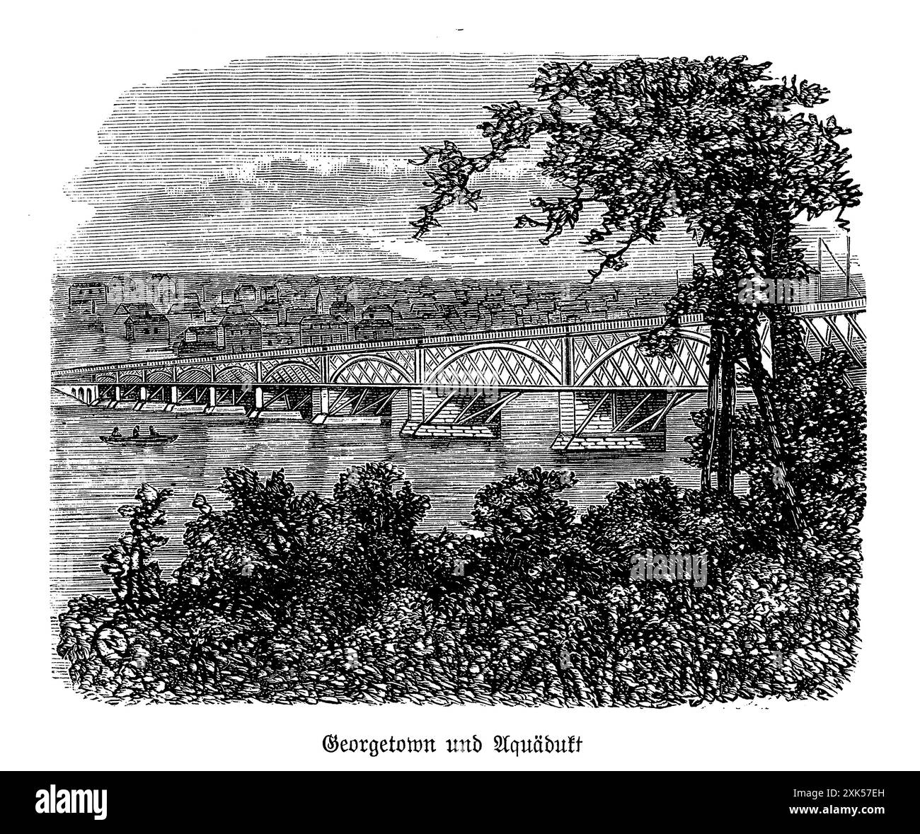 Die Aqueduct Bridge in Georgetown, Washington D.C., war ein wichtiges Bauwerk aus dem 19. Jahrhundert, das Wasser über den Potomac River transportieren sollte. 1843 fertiggestellt, verband sie den Chesapeake und Ohio Canal mit Alexandria, Virginia. Dieses technische Wunderwerk hatte eine Reihe von Steinbögen und war ein integraler Bestandteil der Transport- und Wassermanagementsysteme der Region. Obwohl sie heute nicht mehr steht, spielte die Aquädukt Bridge eine entscheidende Rolle in der wirtschaftlichen und industriellen Entwicklung Georgetown und der Umgebung und symbolisierte den Einfallsreichtum und den Ehrgeiz dieser Zeit Stockfoto