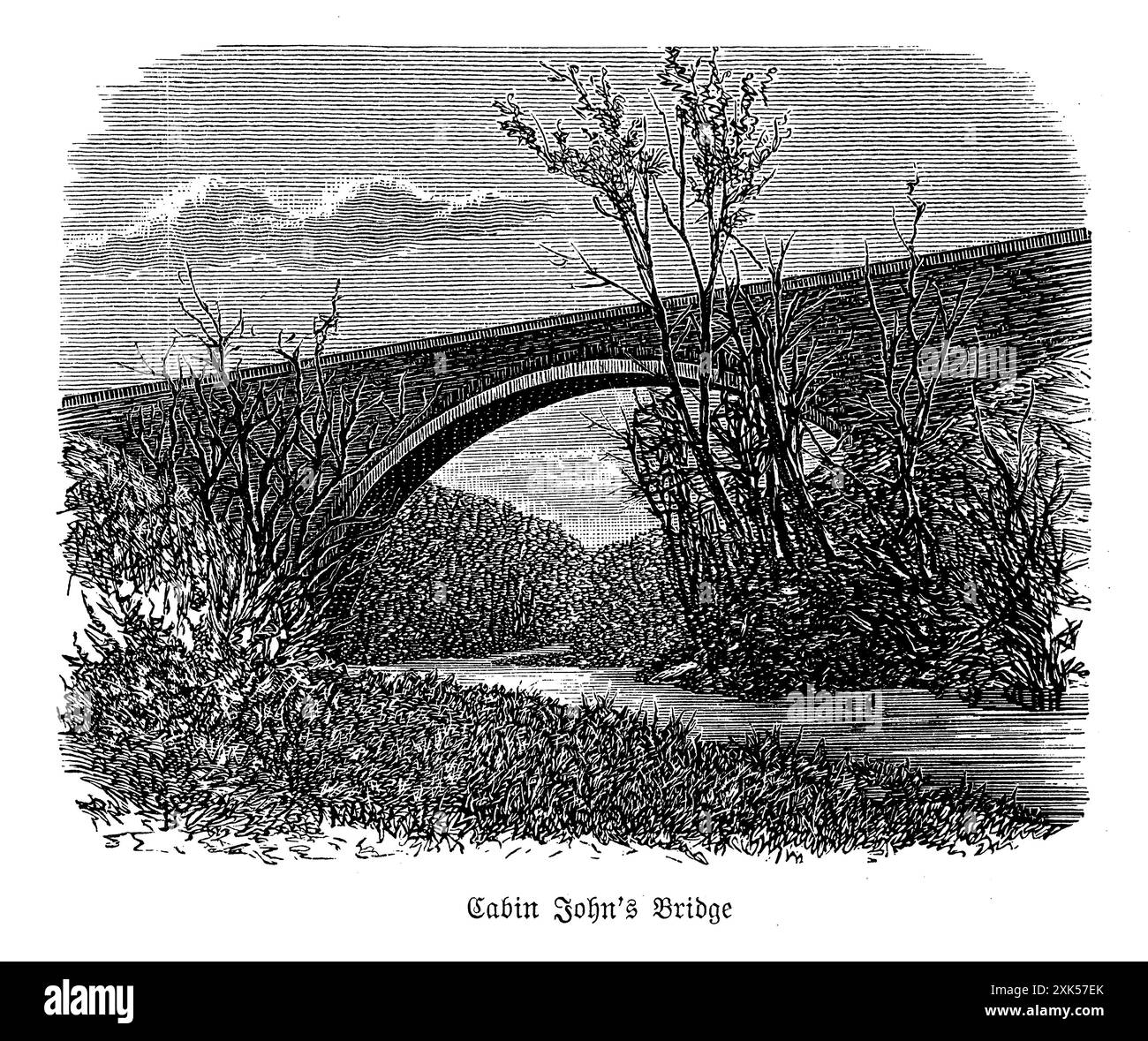 Die Union Arch Bridge, auch bekannt als Cabin John Bridge, ist eine historische Steinbrücke in Maryland. Sie wurde 1864 fertiggestellt und war damals die längste einspurige Bogenbrücke der Welt. Die Brücke, die sich über Cabin John Creek erstreckte, war Teil des Washington Aqueduct Systems, das Wasser in die Hauptstadt des Landes bringen sollte. Sein beeindruckender Bogen und seine robuste Konstruktion zeigen die Ingenieurskunst des 19. Jahrhunderts und machen es zu einem bedeutenden Wahrzeichen in der amerikanischen Bauingenieurgeschichte und Architekturgeschichte Stockfoto