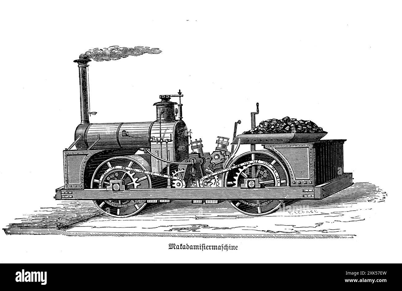 Der Straßenbau von MacAdam revolutionierte die Verkehrsinfrastruktur des 19. Jahrhunderts mit seiner innovativen Technik, die von John Loudon McAdam entwickelt wurde. Bei dieser Methode wurden kleine, eckige Steine überlagert und verdichtet, um eine stabile, haltbare Oberfläche zu schaffen. Mit der Einführung der Macadam-Dampfmaschine wurde dieser Prozess durch effizientes Verlegen und Komprimieren der Steine weiter vorangetrieben. Diese Straßen boten im Vergleich zu früheren Methoden ein ruhigeres und zuverlässigeres Fahrverhalten, wodurch die Effizienz des Straßenbaus und des Verkehrs erheblich gesteigert und die Grundlage für den modernen Straßenbau gelegt wurde Stockfoto