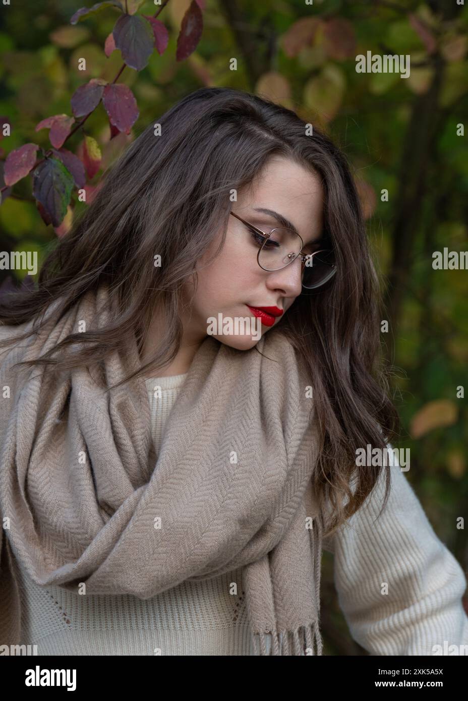 Porträt eines schönen, süßen dunkelhaarigen Mädchens von 20 Jahren mit Brille in einem Herbstpark, Nahaufnahme. Das Mädchen sah nachdenklich nach unten. Femini Stockfoto