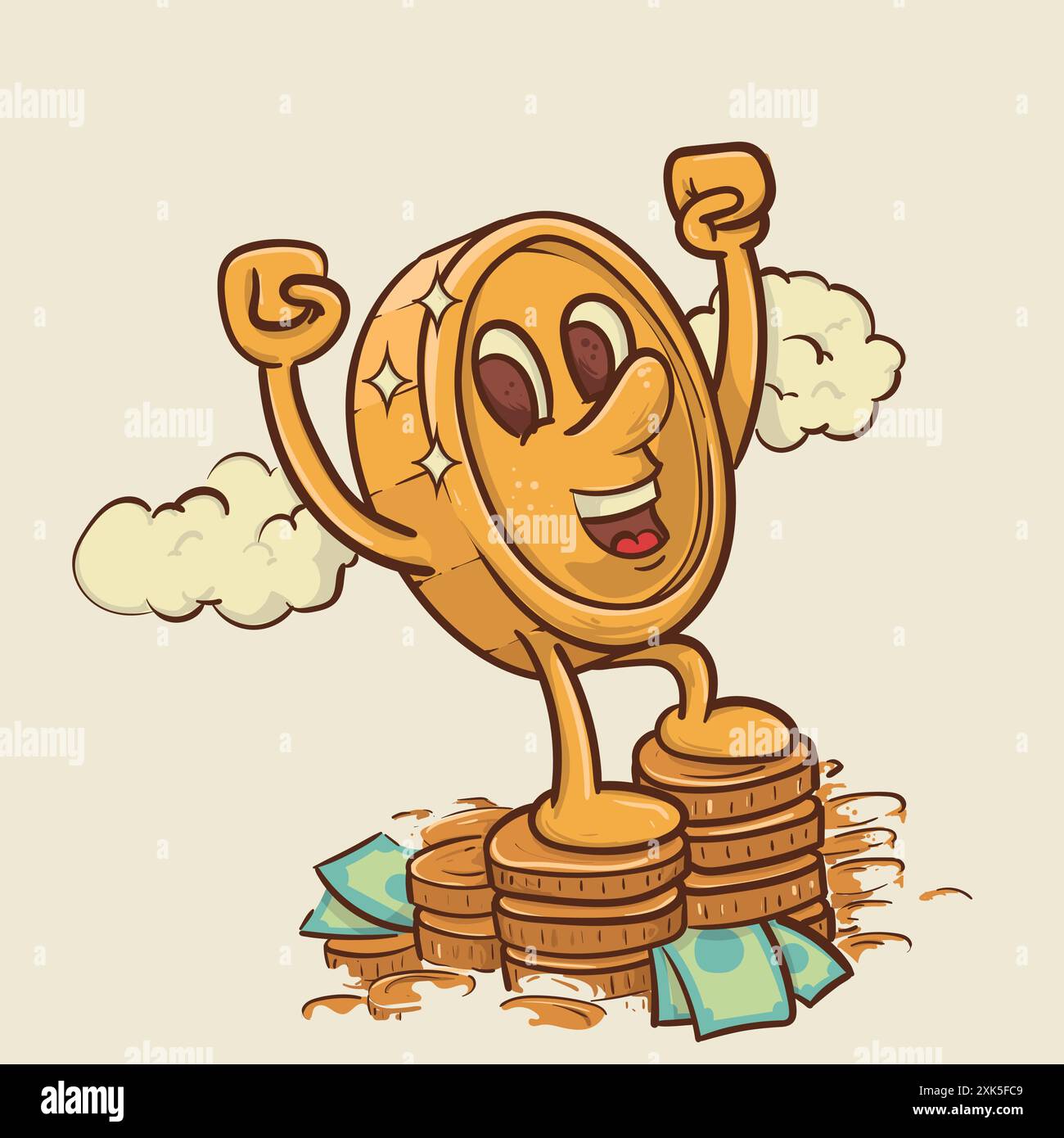 Konzept der finanziellen Ziele. Shine Coin Maskottchen mit Gesicht feiern in der oberen Stapel von Geld Konzept.Vintage Stil Geld Maskottchen Zeichentrickfigur Vektor Stock Vektor