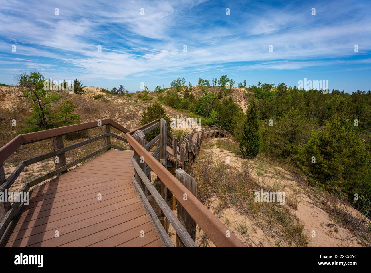 Indiana Dunes National Park mit Fußgängerbrücke und Bäumen Stockfoto