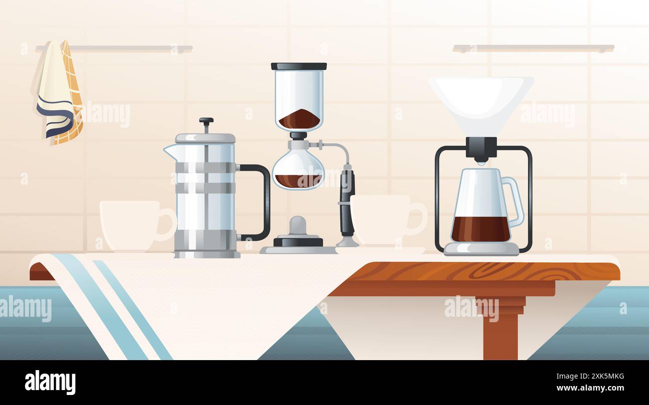 Küchenzeile mit französischer Presse, Absaugmaschine und Kaffeemaschine zum Übergießen. Zwei weiße Tassen sind im Hintergrund, ein Geschirrtuch hängt auf dem Stock Vektor