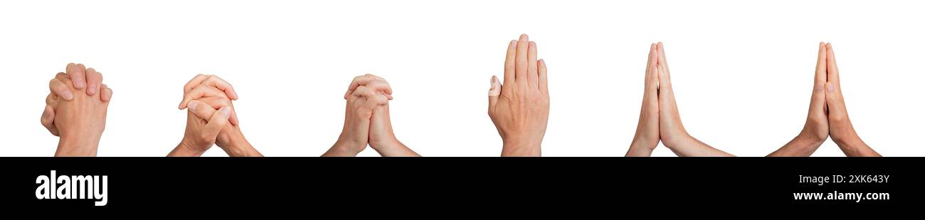 Ineinander verflochtene Finger gesetzt, geklammerte Gesten, Hand zusammen, Schild isoliert auf weißem Hintergrund, Set. Stockfoto