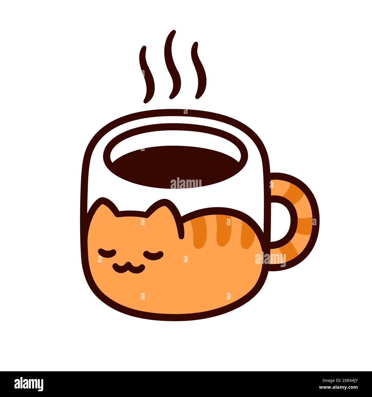 Einfaches Doodle-Symbol für Kaffee- oder Teetasse mit Kawaii Ingwerkatze Zeichnung. Niedliche Zeichentrickzeichnung am Morgen mit heißem Getränk. Handgezeichnete Vektorgrafik. Stock Vektor