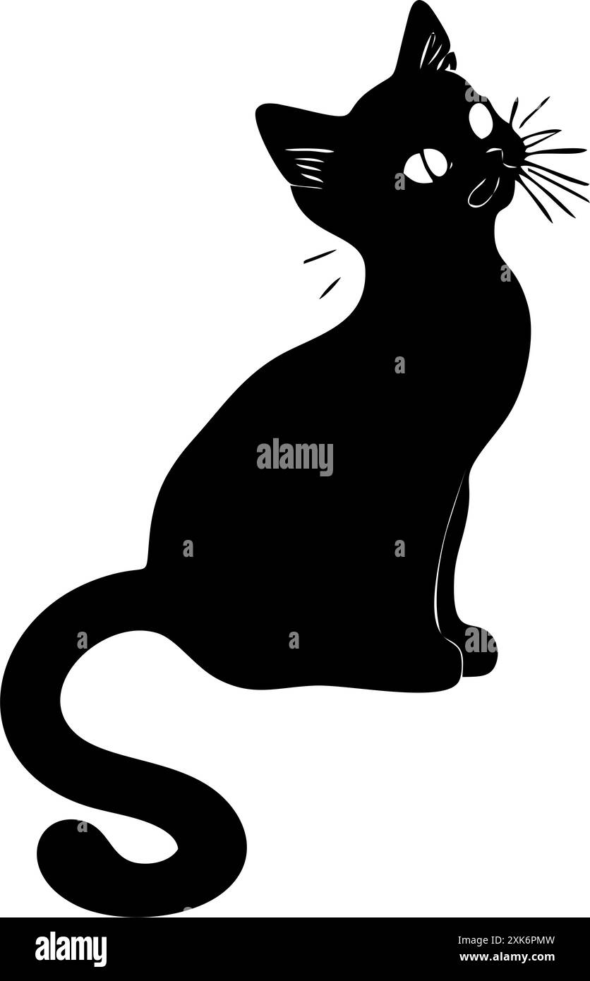 Einfache schwarze grafische Zeichnung einer Katze, dekoratives Element, Logo Stockfoto
