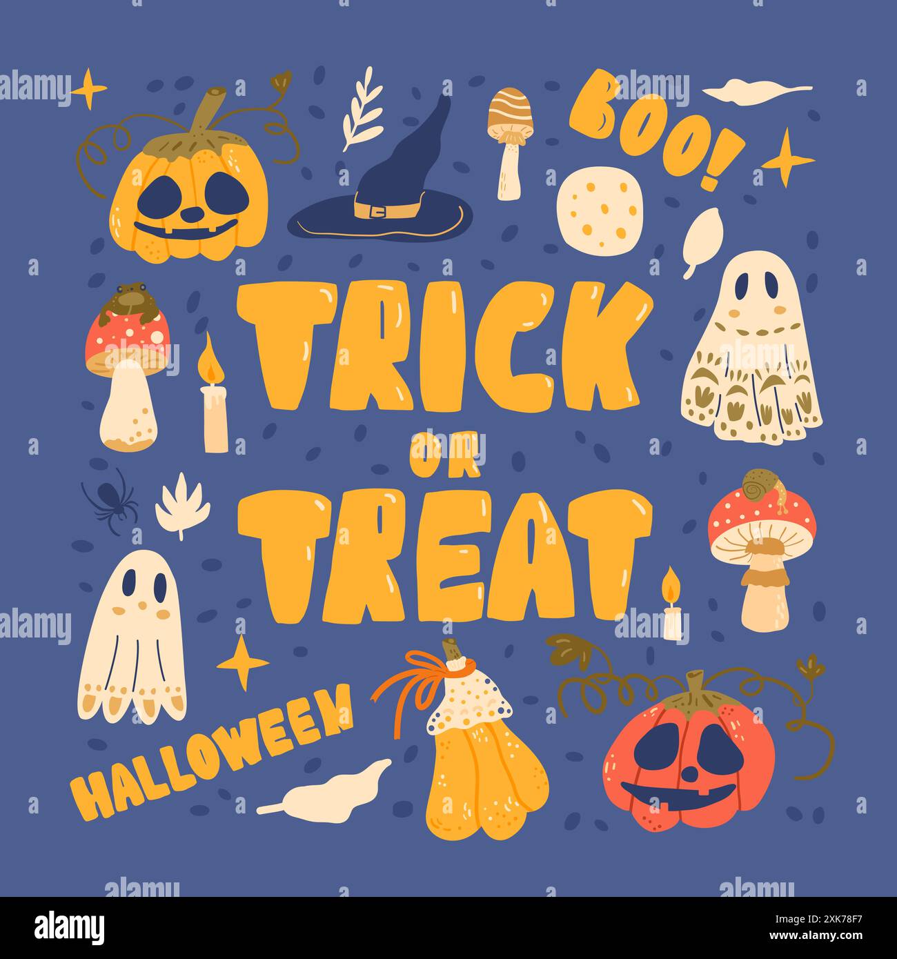 Poster „Trick or Treat“. Farbenfrohe Illustrationen mit Kürbissen, Geistern, Hexenhüten und Pilzen. Bonbon-Lauf. All Hallows' Eve. Vektor h Stock Vektor
