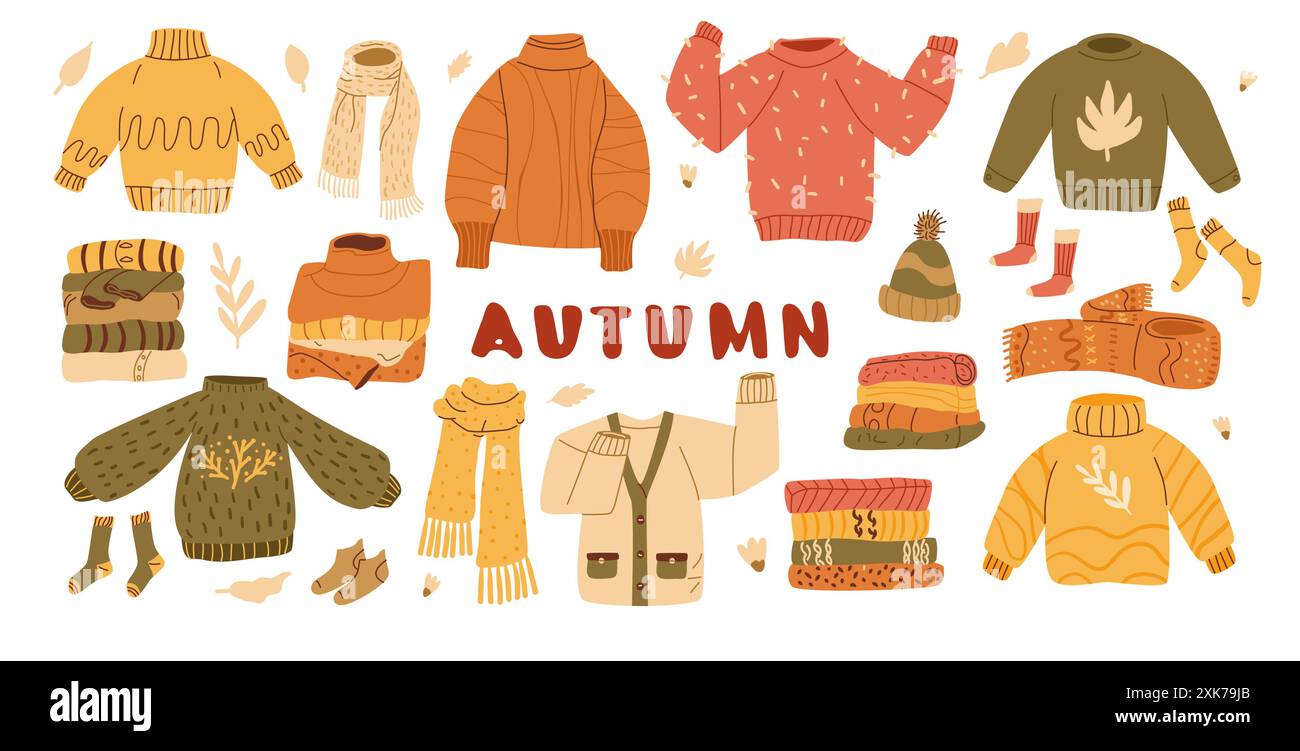 Set aus gemütlichen herbstlichen Pullover, Schals, Socken und warmen Accessoires. Herbstkleidung, Strickjacke, Beanie-Set. Vektor Hand gezeichnet flache Sammlung Illustration isoliert auf weißem Hintergrund. Stock Vektor