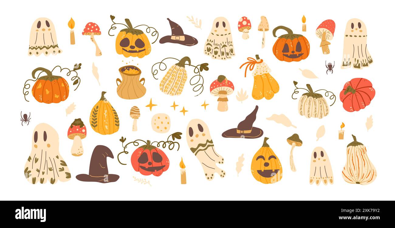Halloween-Elemente-Set. Kürbisse, Feiertagsgeister, Hexenhüte und anderes Set. Sammlung von Herbstfestlichkeiten. Kerzen, Pilze und Spinne alle Heiligtümer. Vektorillustration auf weißem Hintergrund Stock Vektor