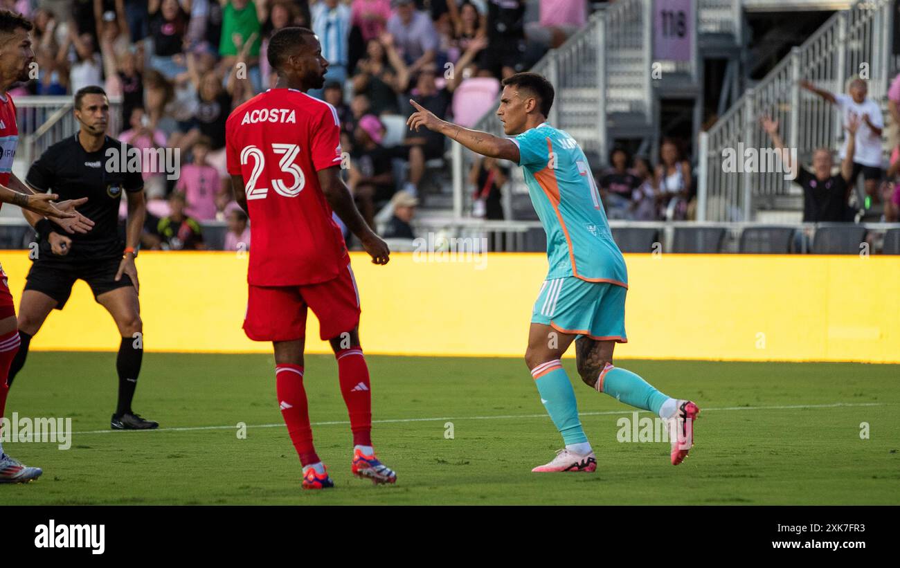 Fort Lauderdale, USA, 20. Juli 2024, Matias Rojas feiert sein Ziel. Inter Miami CF gegen Chicago FC, MLS, Foto: Chris Arjoon/American Presswire Stockfoto