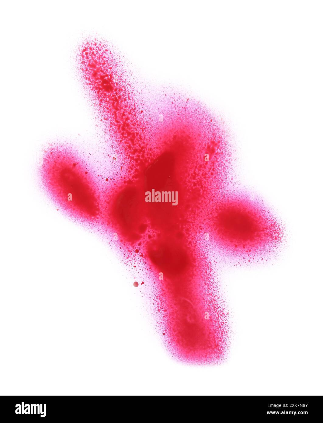 Abstraktes Bild mit rosa Sprühfarbe isoliert auf weiß, Draufsicht Stockfoto