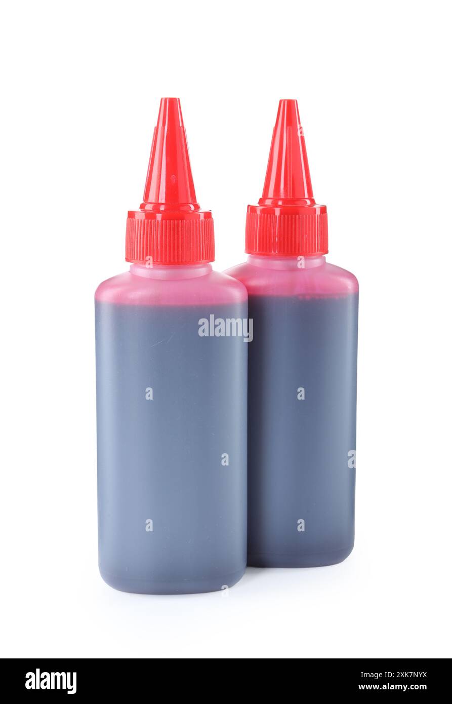 Flasche rote Druckertinte isoliert auf weiß Stockfoto
