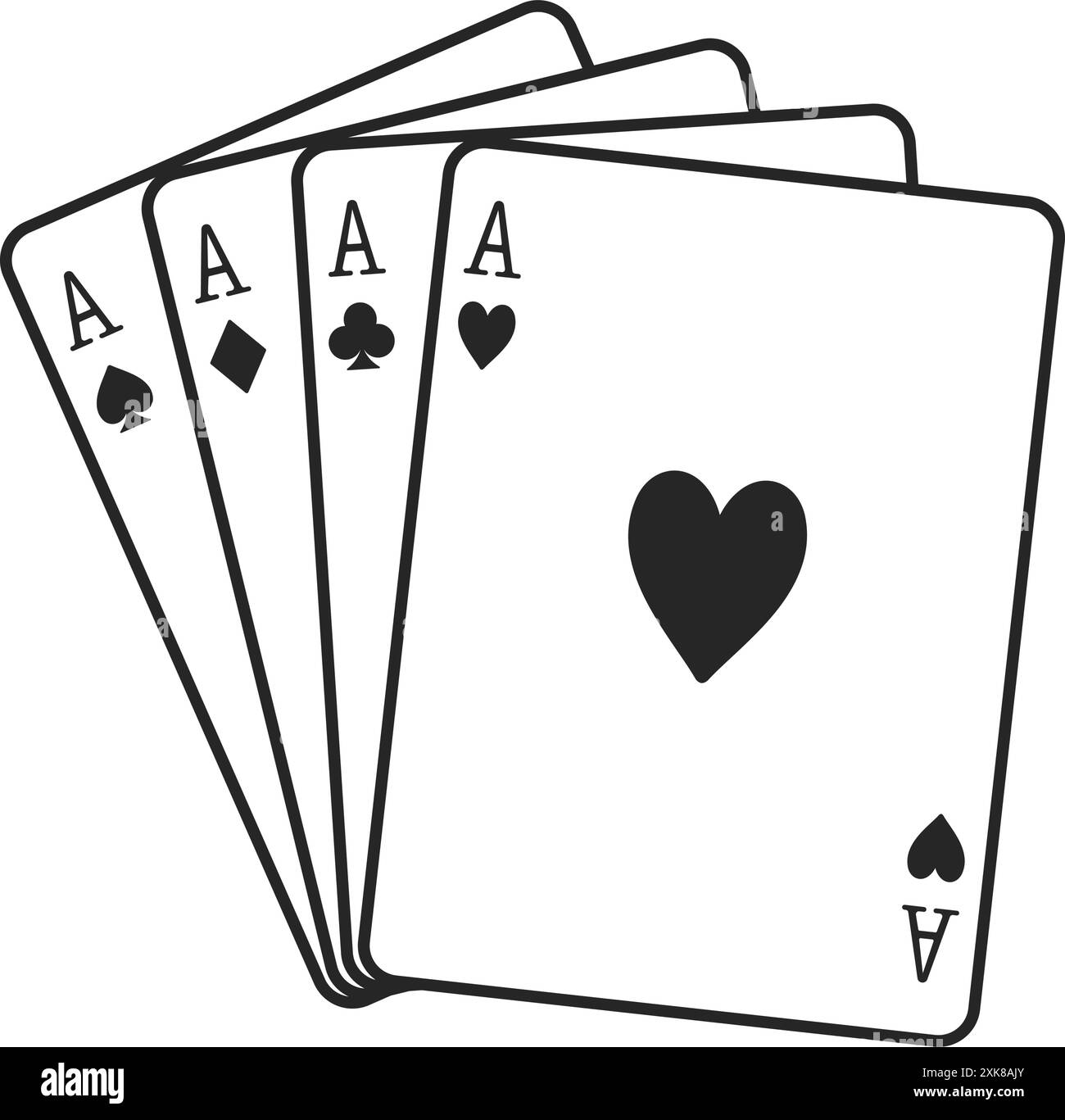 Alle vier Asse spielen Karten, einschließlich Herzen, Diamanten, Schläger und Pik, die in Vektorumrissen sind Stock Vektor