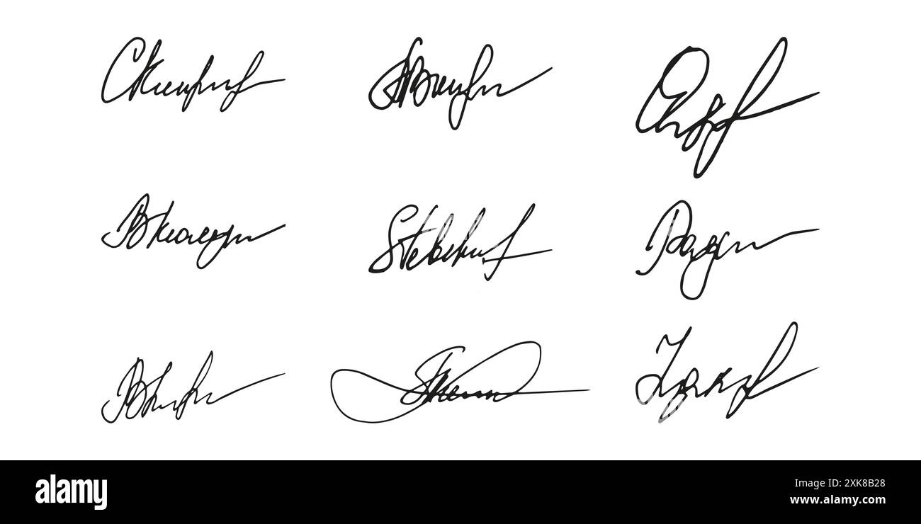 Gefälschte Signatur, handgezeichnetes Muster, eigenes Autogramm. Fiktive handschriftliche Unterschrift. Schwarze Tintenfarbe. Scribble für Musterverträge Dokumente Zertifikate oder Briefe. Vektorabbildung. Stock Vektor