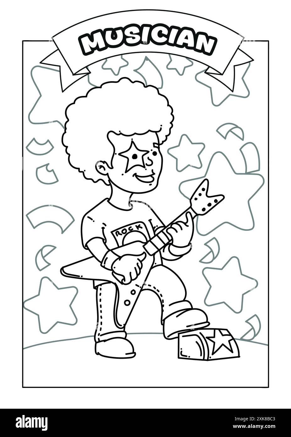 Schwarz-weiße Linienzeichnung eines Gitarristen, der Musik spielt. Eine lustige Malseite für Kinder, um künstlerische Berufe zu entdecken. Arbeitsblatt für Kind Stockfoto