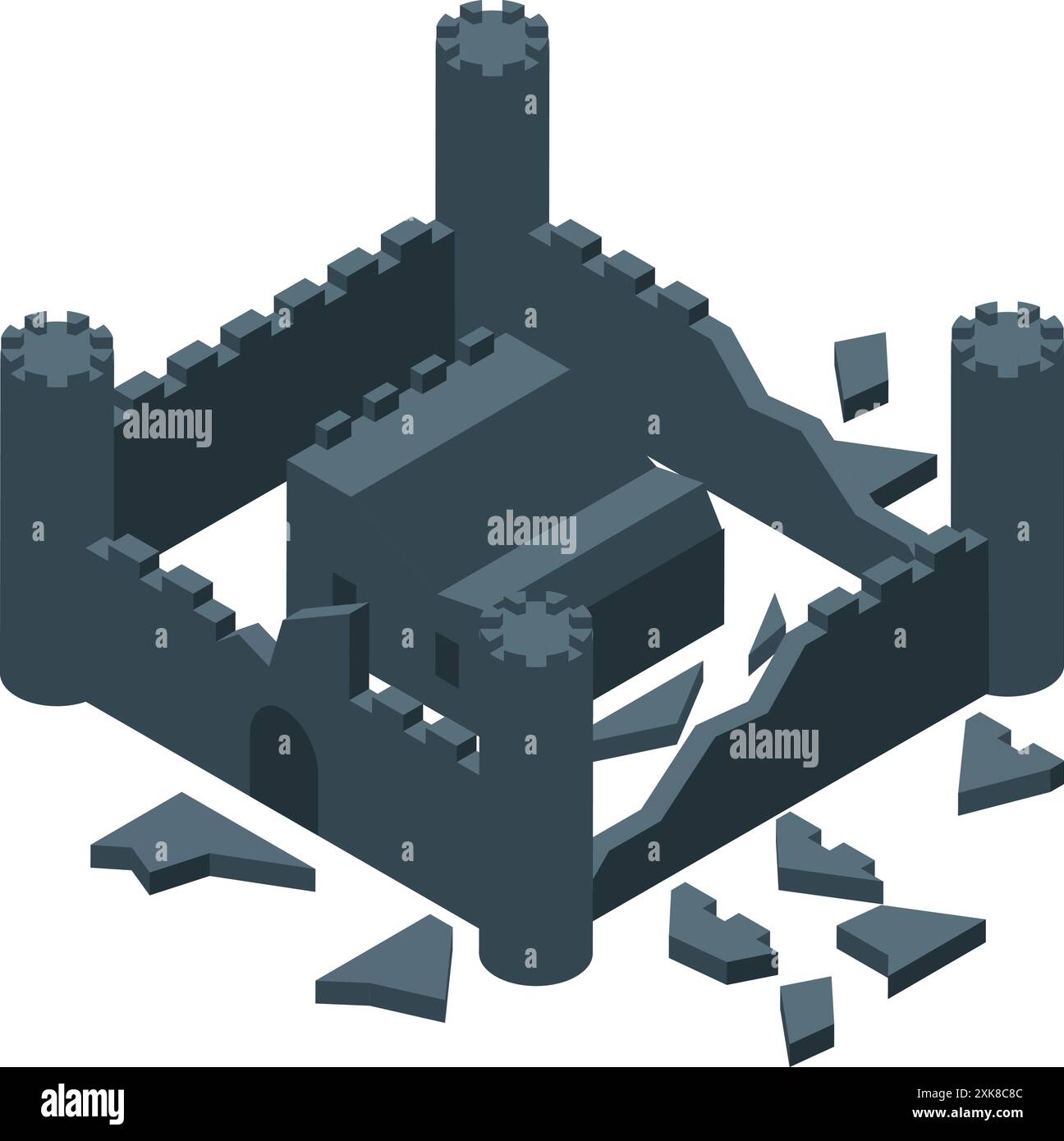 Isometrischer Blick auf eine mittelalterliche Festung mit gebrochenen Mauern und Türmen, die Zerstörung und Niederlage symbolisieren Stock Vektor