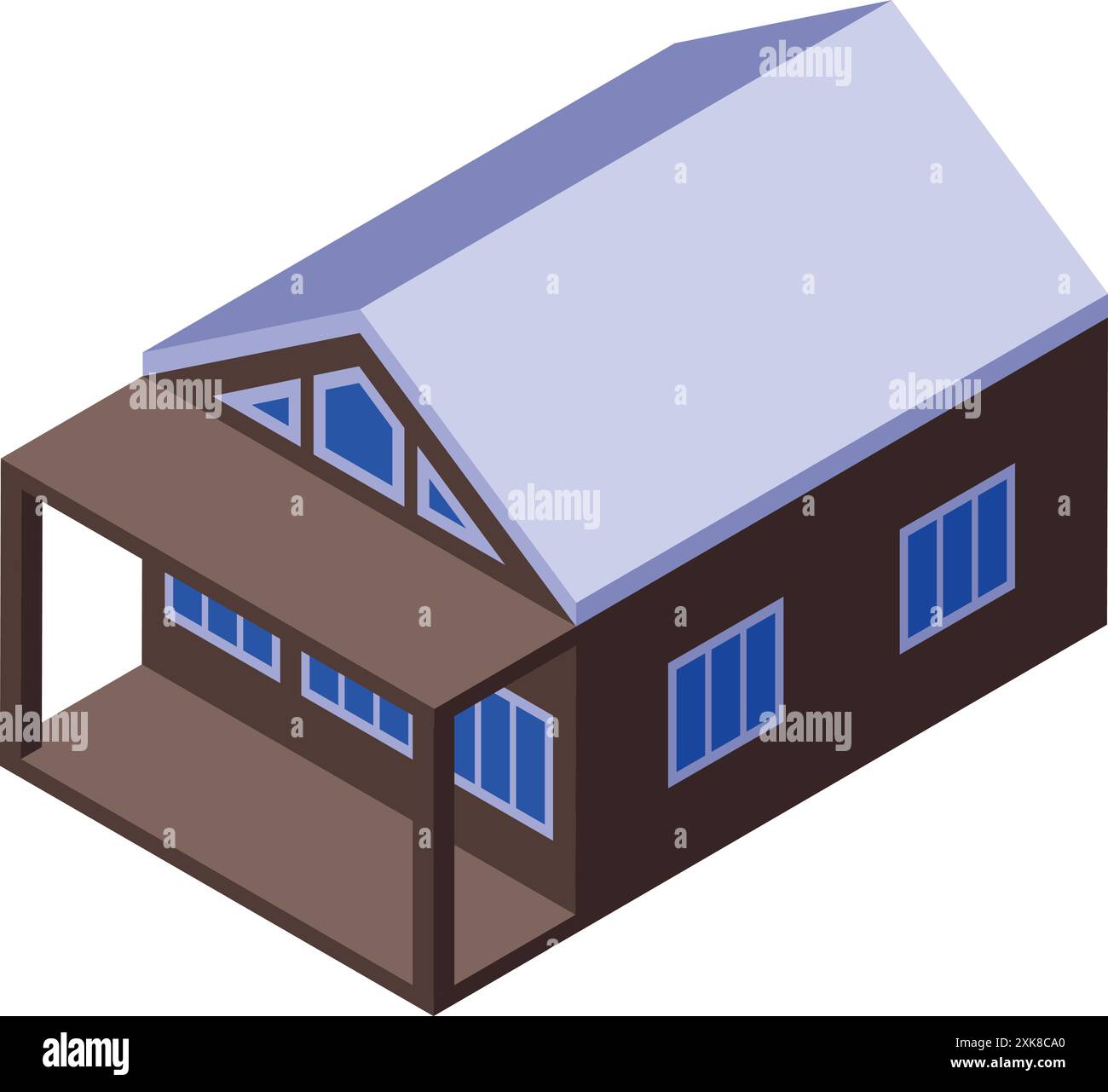 Isometrische Ansicht eines großen Holzchalets mit einem schneebedeckten Dach und einer Veranda, geeignet für Projekte im Zusammenhang mit Winterferien, Immobilien und Bauarbeiten Stock Vektor