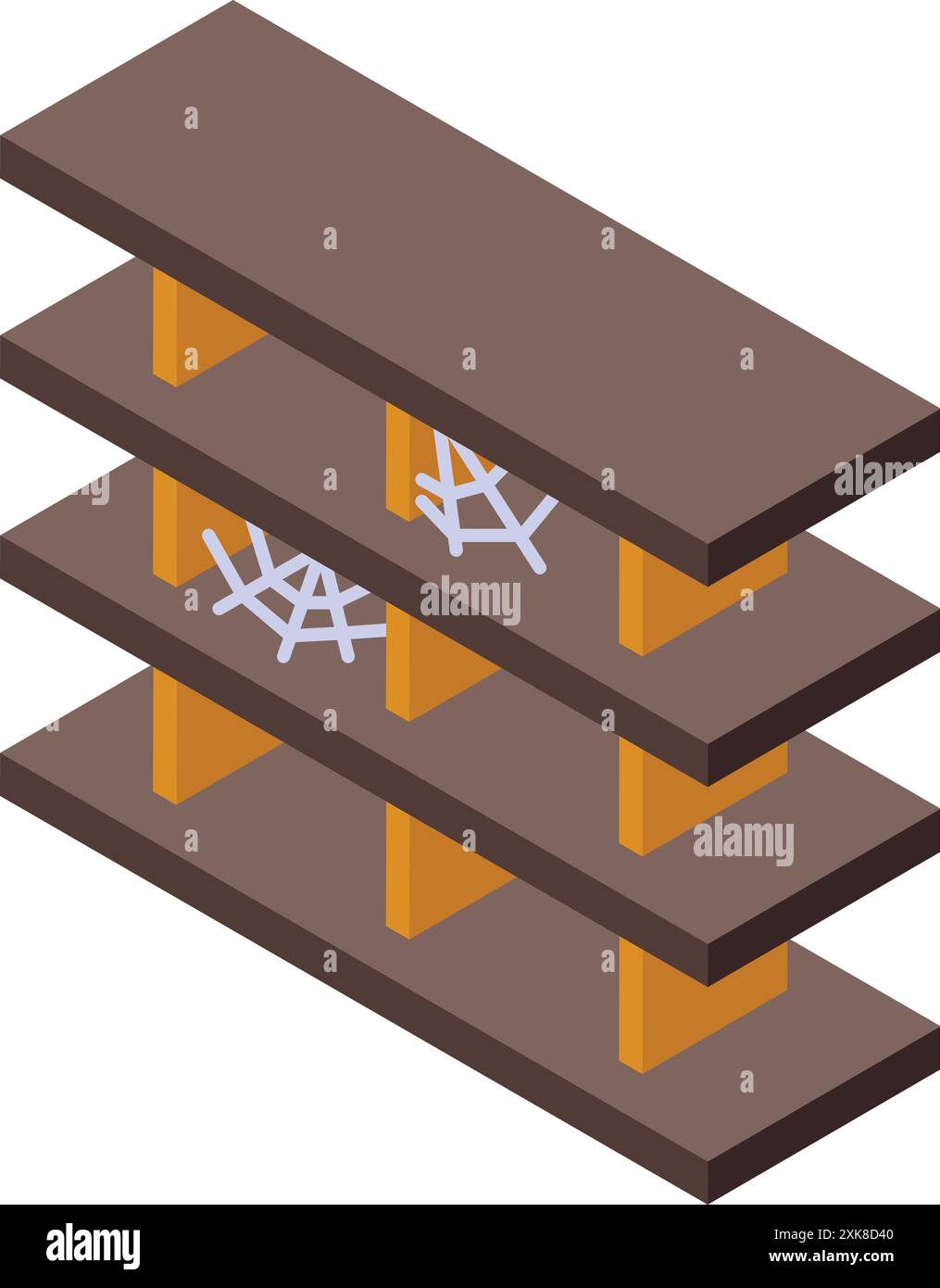 Das alte hölzerne Bücherregal steht mit nichts auf den Regalen, bedeckt mit Spinnweben Stock Vektor