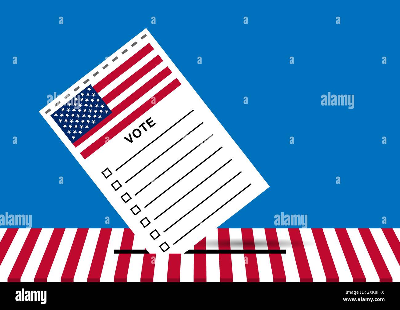 Eine Illustration eines amerikanischen Wahlurlaubs, der in eine mit roten und weißen Streifen verzierte Wahlurne auf blauem Hintergrund gesteckt wird. Stock Vektor