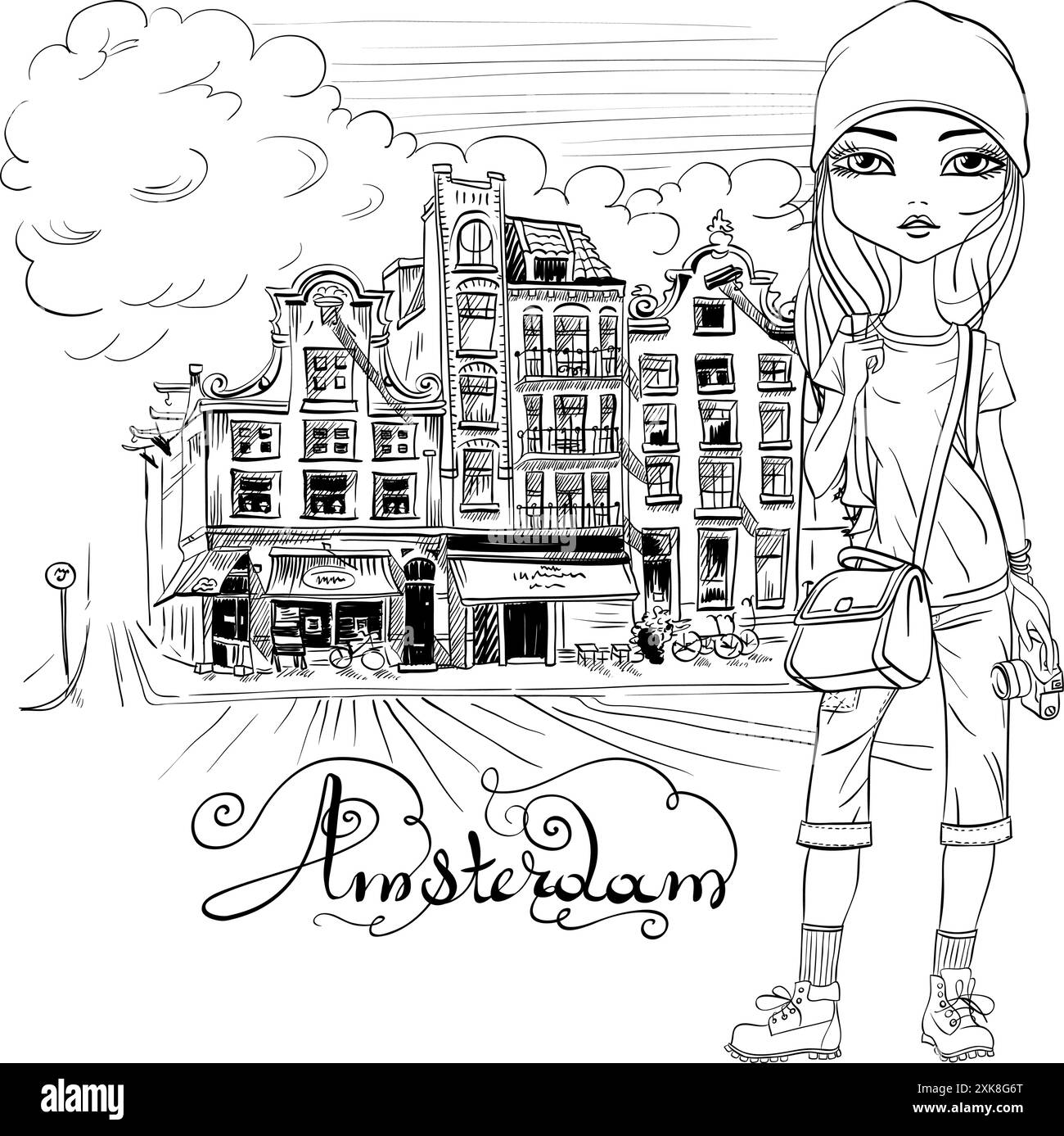 Hipster-Mädchen in Jacke, Jeans und roten Stiefeln auf der Amsterdam Street in Holland, Niederlande Stock Vektor