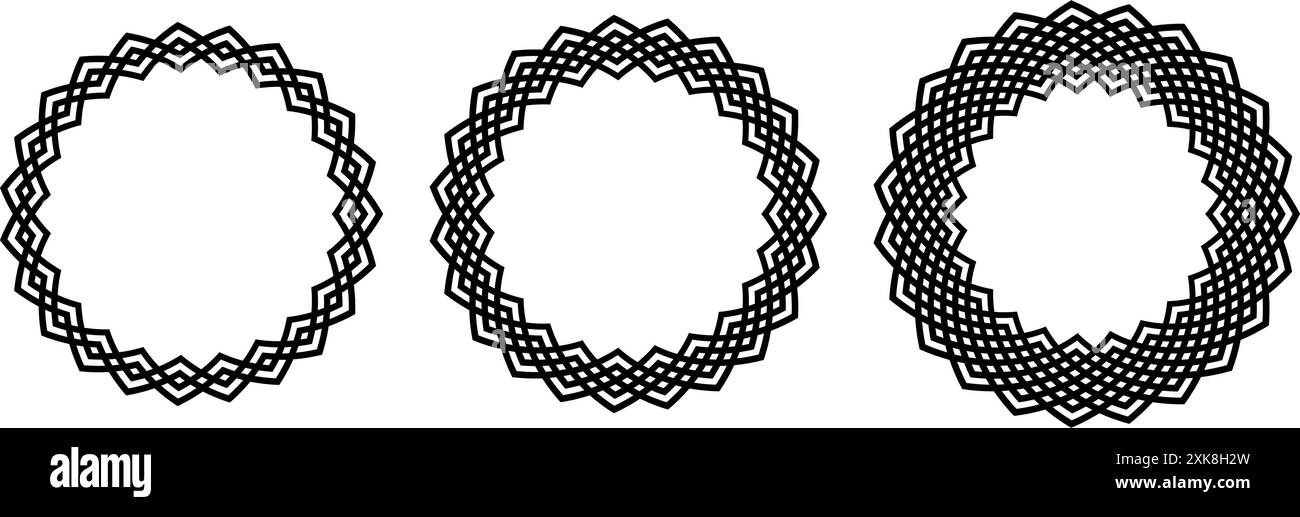 Kreis-Rahmen-Set mit Retro-Knoten. Schwarze keltische Kollektion mit rundem Rand. Zopf- und Seidenverzierung sowie Motivmuster für Banner, Poster, Rahmen. Kreisförmige radiale Konstruktionselemente bündeln. Vektorpaket Stock Vektor