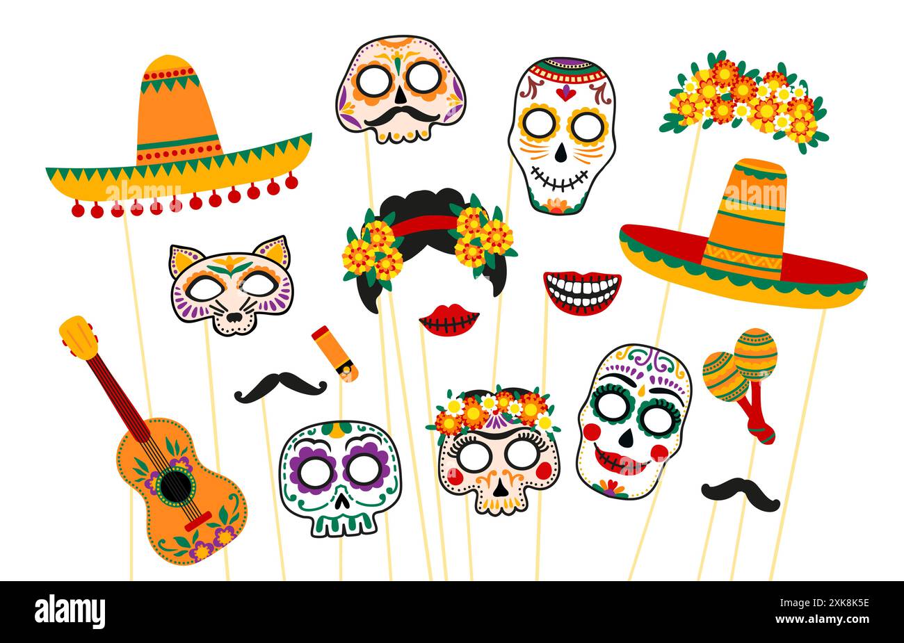 Mexikanische Dead Day Fotokabine Masken mit Requisiten. Dia de Los Muertos Feiertag, Tag der Toten traditionelle Zucker- und Tierschädel, Sombrero, Schnurrbärte, C. Stock Vektor