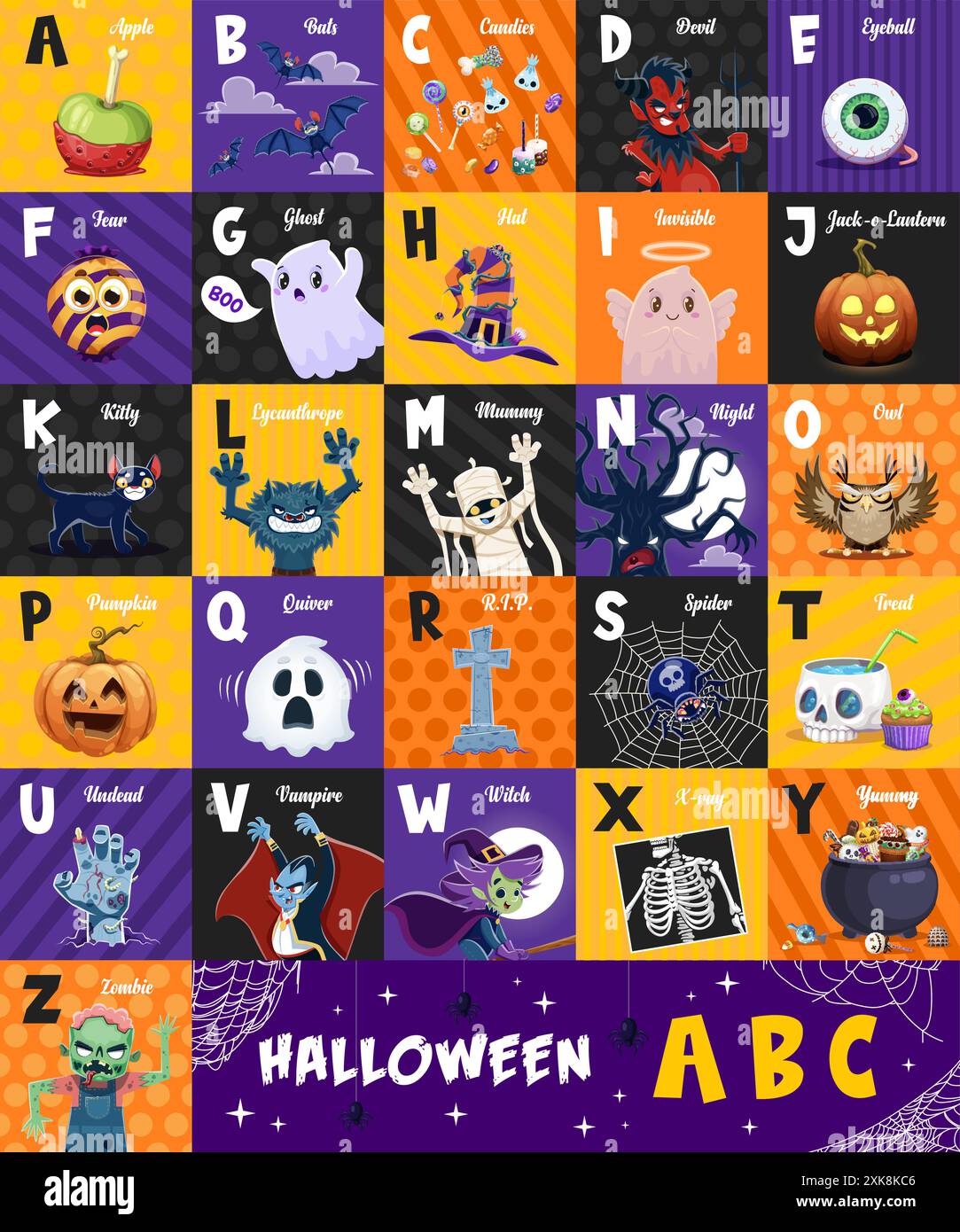 Halloween-Feiertags-Alphabet, abc-Kinderart. Vektor-Großbuchstaben mit lustigen gruseligen Monster-Charakteren. Zombie, Geister, Hexe, Mumie oder Blac Stock Vektor