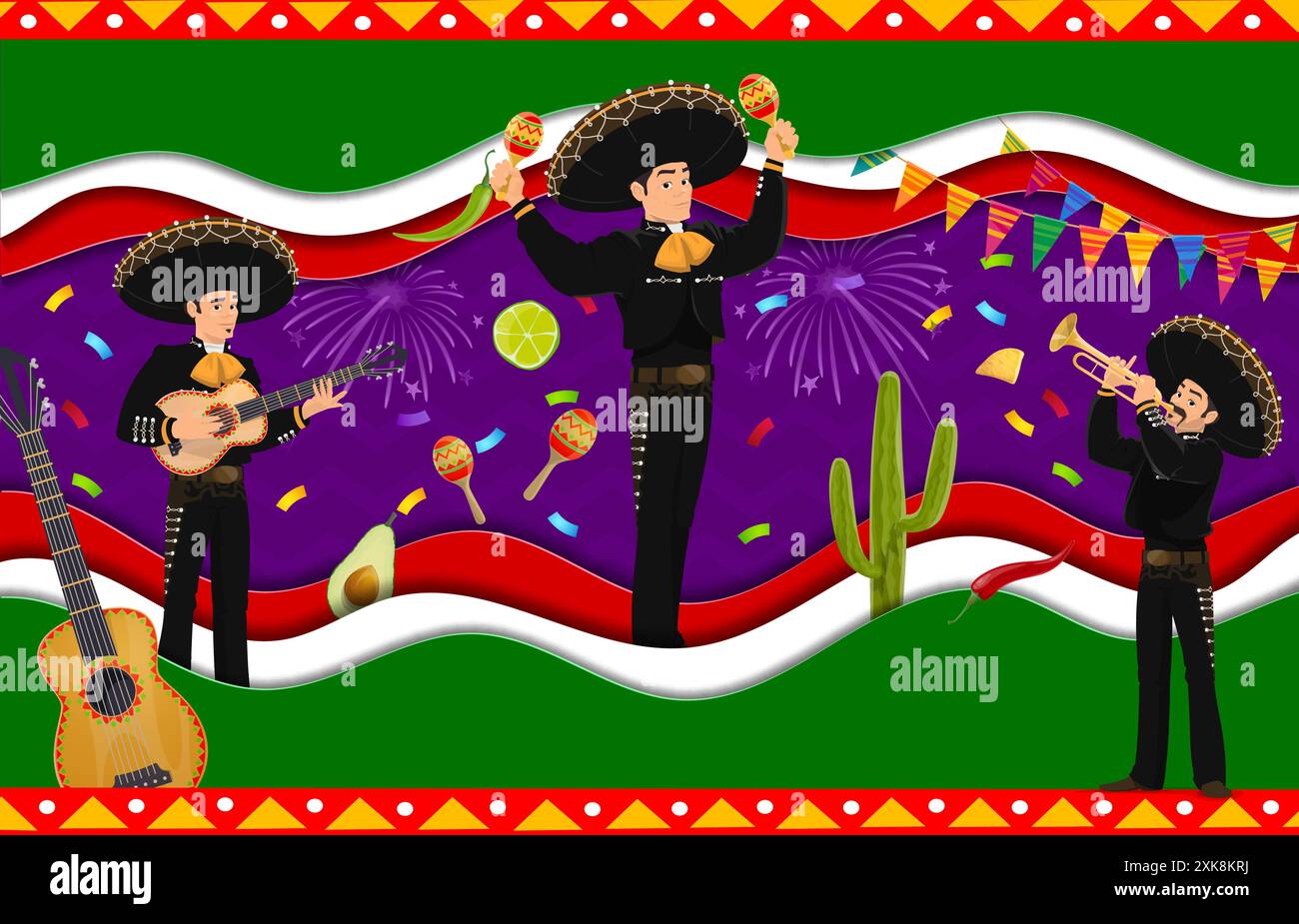 Mexikanische fiesta oder Unabhängigkeitstag Papier geschnitten Banner. Mariachi-Musiker und Feuerwerk. Cartoon Vektor latino Künstler Musikband tragen Sombrero und nati Stock Vektor