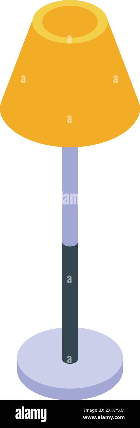 Gelbe Stehlampe mit einem hohen, schlanken Standfuß und einem konischen Schatten für ein weiches und einladendes Leuchten Stock Vektor