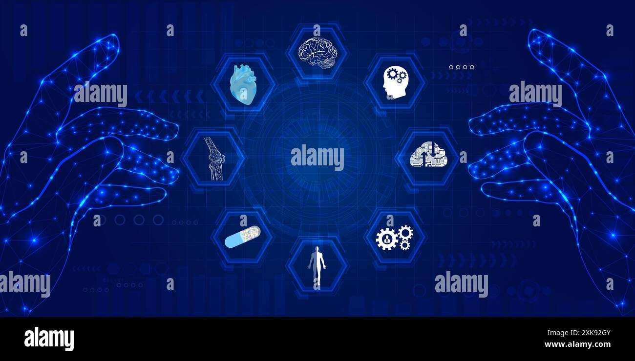 Futuristische medizinische kybernetische Robotik-Technologie. Das virtuelle Hologramm der menschlichen Nervenstruktur schwebt von der Roboterhand weg. Innovation künstliche Intelligenz Stockfoto
