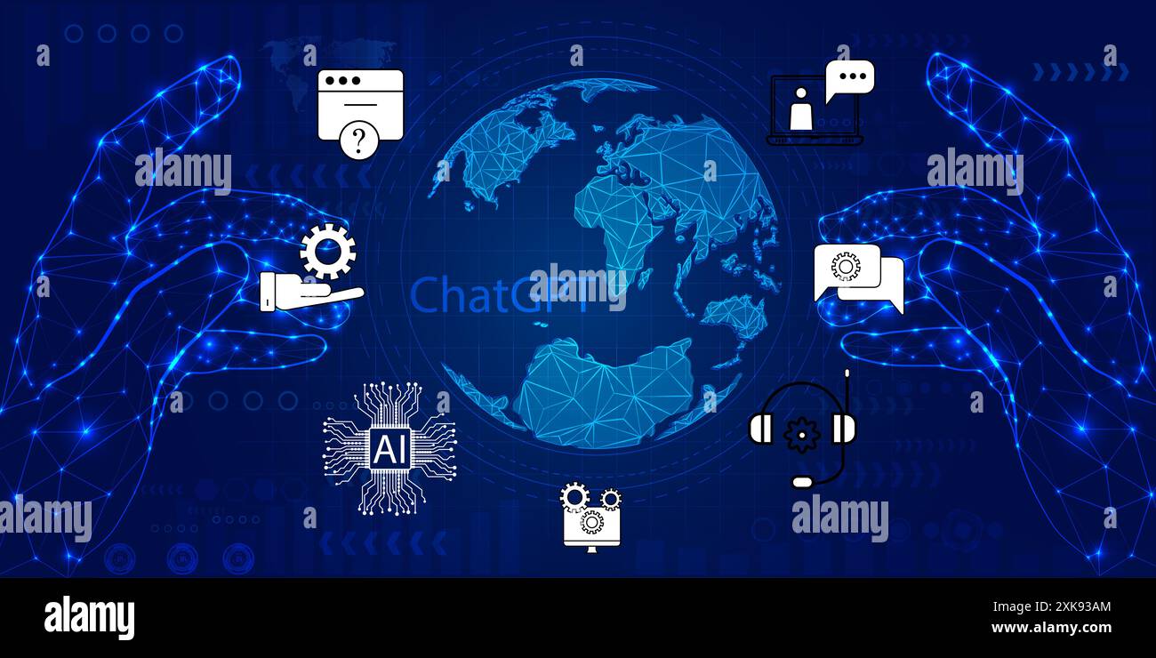 KI-Technik, Geschäftsmann zeigen virtuelle Grafik Global Internet Connect. Chatten Sie mit KI, künstlicher Intelligenz. Wenn Sie die Eingabeaufforderung für verwenden, wird etwas generiert Stockfoto