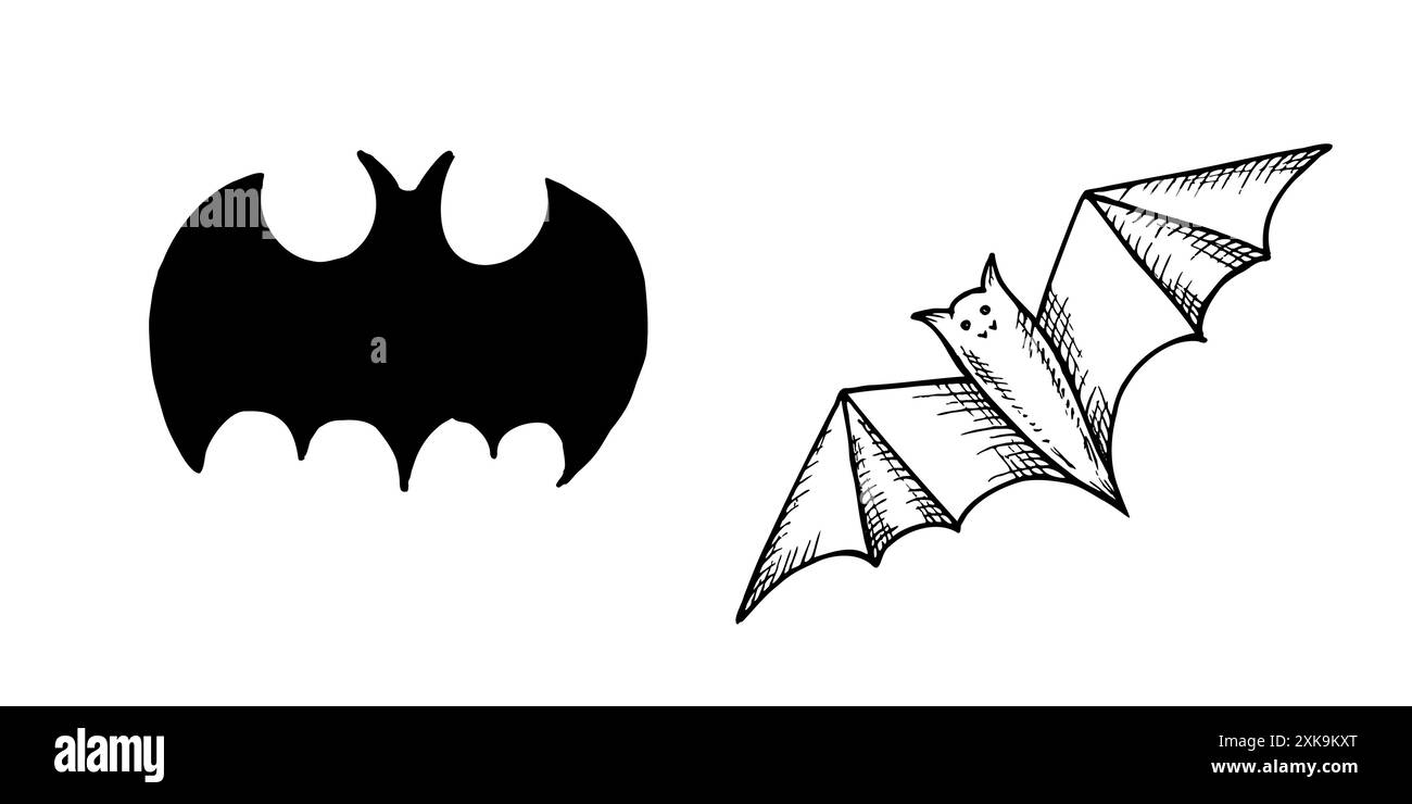 Vektor-schwarze Fledermäuse halloween. Handgemalte lineare Abbildung. Schwarzweiß-Grafik für Tätowierungen, halloween, Horror. Isoliert auf Hintergrund. Für Stock Vektor