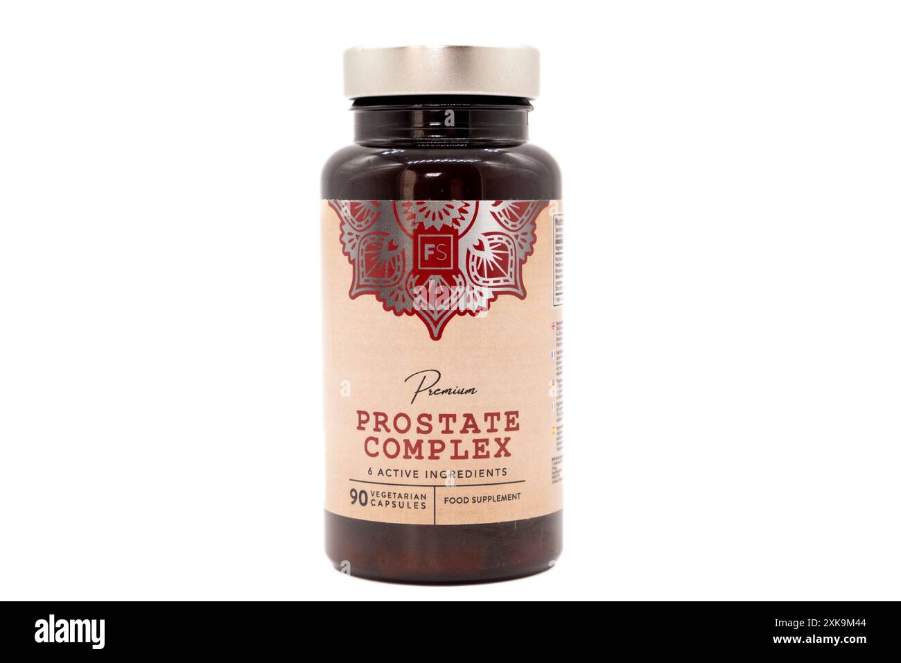 Irvine, Schottland, Großbritannien - 17. Juni 2024: Premium Prostate Complex der Marke BW Ecocommerce (UK) in einer Plastikflasche mit grafischen Symbolen und Genen Stockfoto