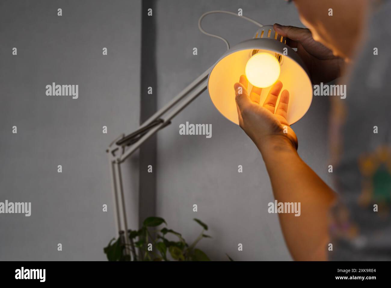 Elektrische LED-Glühbirnen wechseln sich im Licht zu Hause. Handwerker, der zwischen energiesparender und billiger Glühlampe wählt, während er das Licht im Appartme wechselt Stockfoto