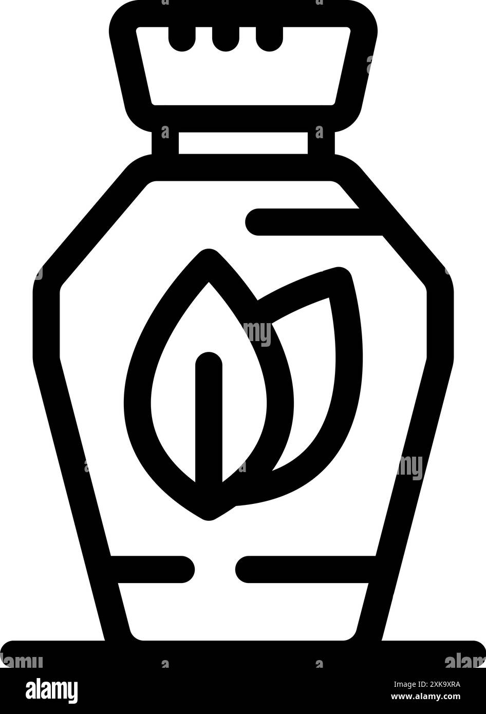 Liniensymbol einer Düngemittelflasche mit Blattlogo, das umweltfreundliche landwirtschaftliche Praktiken unterstreicht Stock Vektor