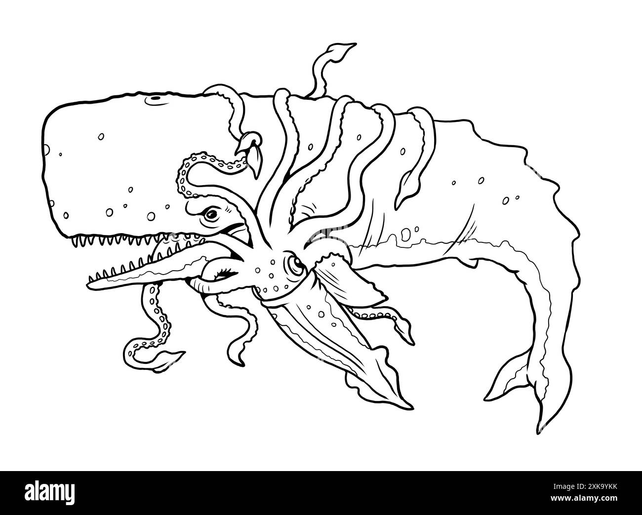 Kämpfe zwischen dem prähistorischen Wal Livyatan mit dem gigantischen Tintenfisch. Ausmalseite mit prähistorischen Tieren. Stockfoto