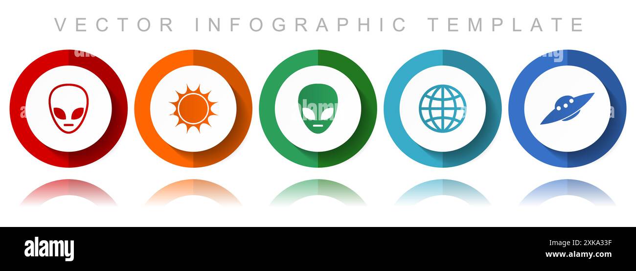 Alien-Vektor-Iconsammlung, verschiedene Symbole wie Stern, UFO, Raumschiff und Globus, flache Infografik-Vorlage in eps 10 Stock Vektor