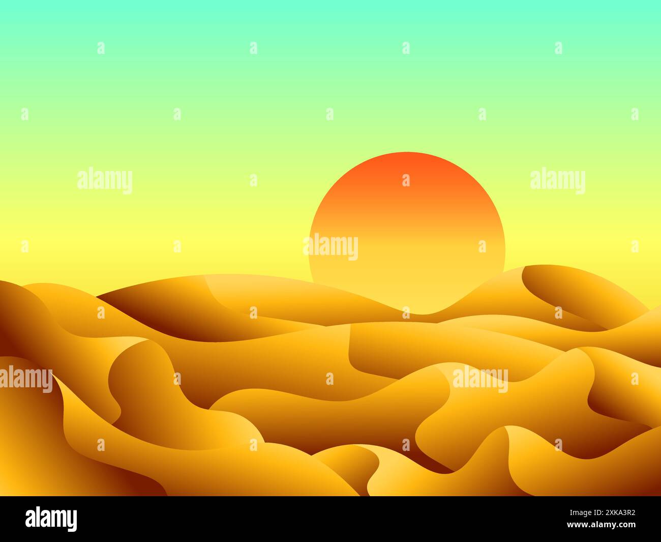 Gradientenlandschaft, Sonnenuntergang in der Wüste. Sonne über Sanddünen. Sonnenaufgang in der Wüste im minimalistischen Stil. Gestaltung von Covern, Plakaten, Bannern und Büchern Stock Vektor